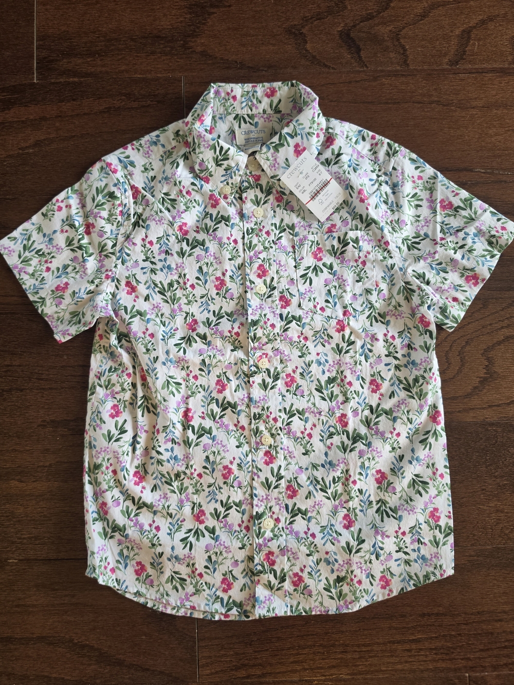 Crewcuts White Short-Sleeve Button-Down Shirt with Pink & Green Floral Print